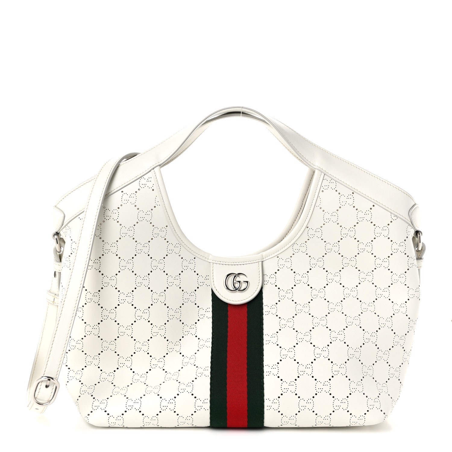 Gucci Calfskin Perforated GG Web Small Giglio Tote White