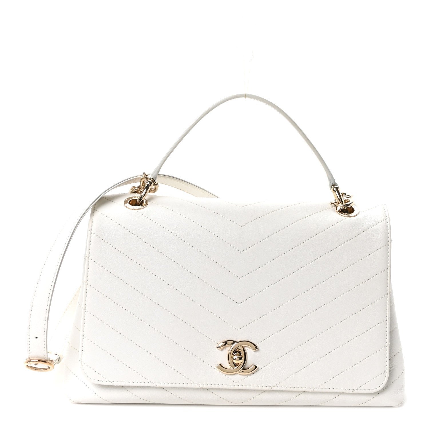Chanel Grained Calfskin Stitched Medium Chevron Chic Top Handle Flap White