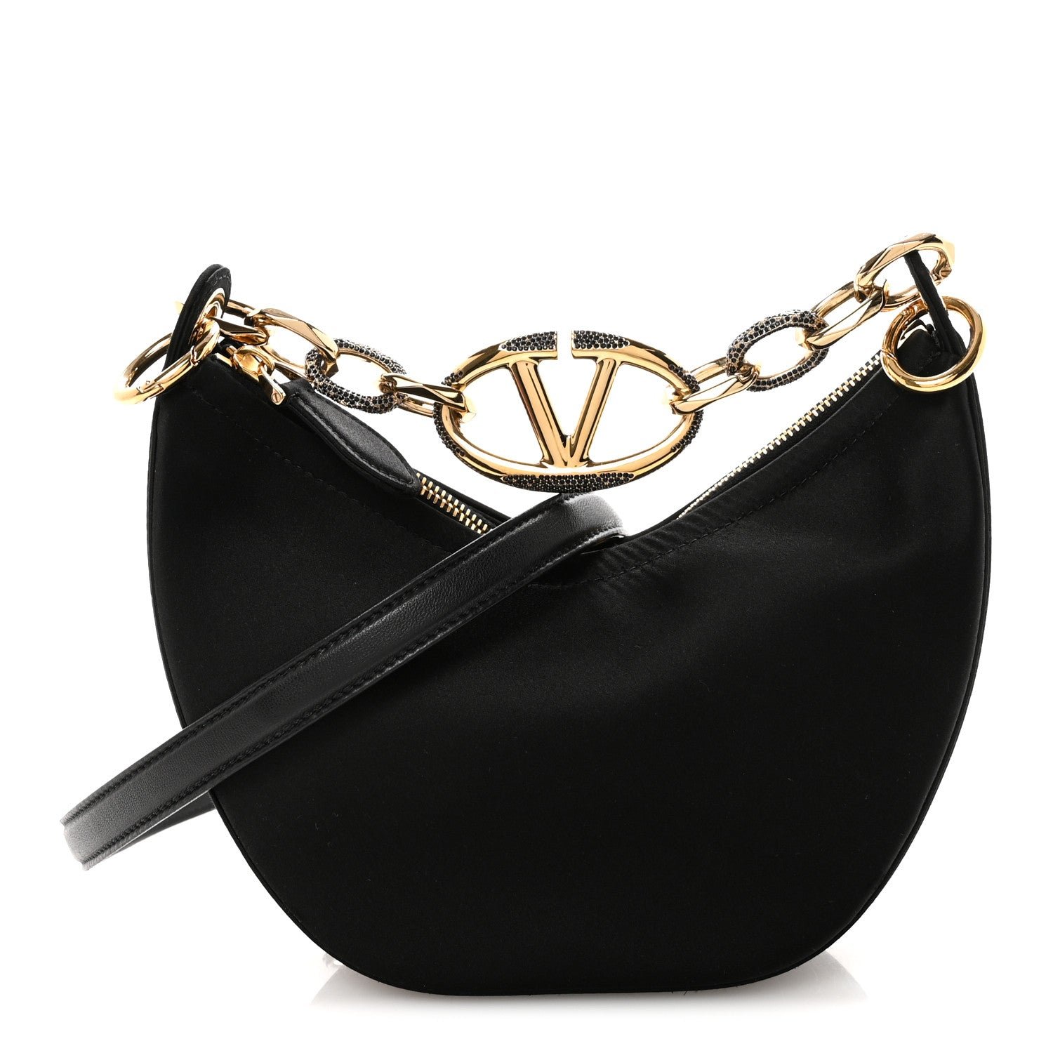 Valentino Garavani Satin Crystal Mini Vlogo Moon Bag Black