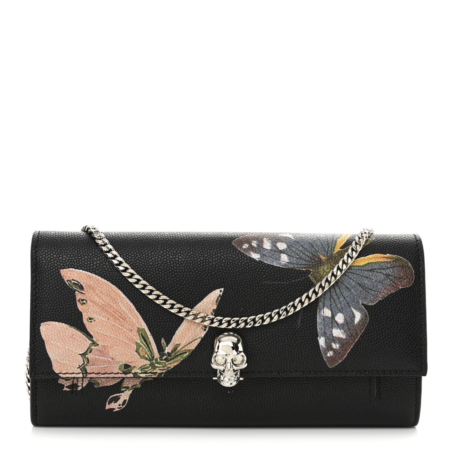 Alexander McQueen Printed Calfskin Butterfly Skull Wallet on Chain Black Multicolor
