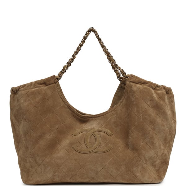 Chanel Large CC Cabas Hobo Bag Dark Beige Suede Gold Hardware