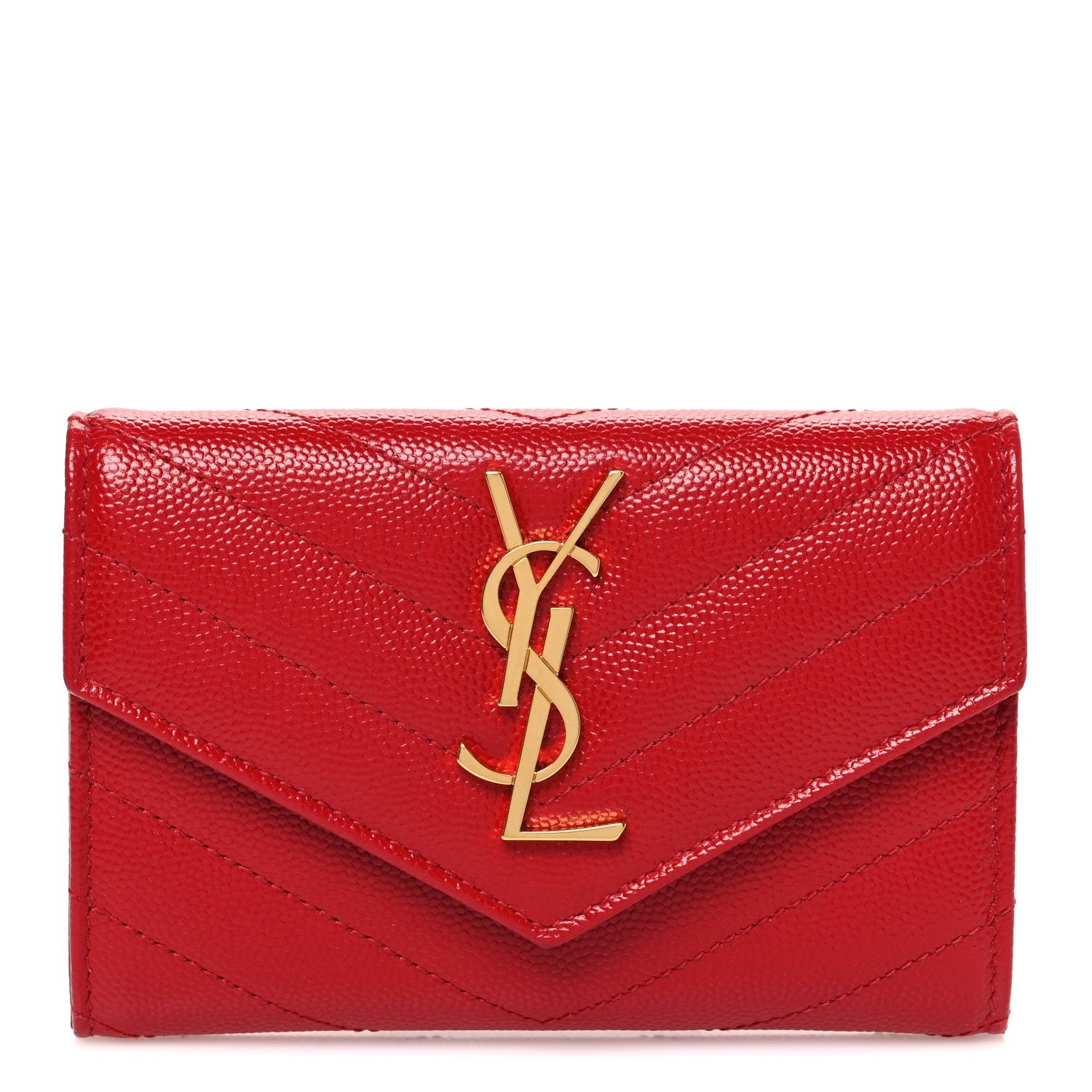 Saint Laurent Grain De Poudre Matelasse Chevron Small Monogram Envelope Wallet New Red