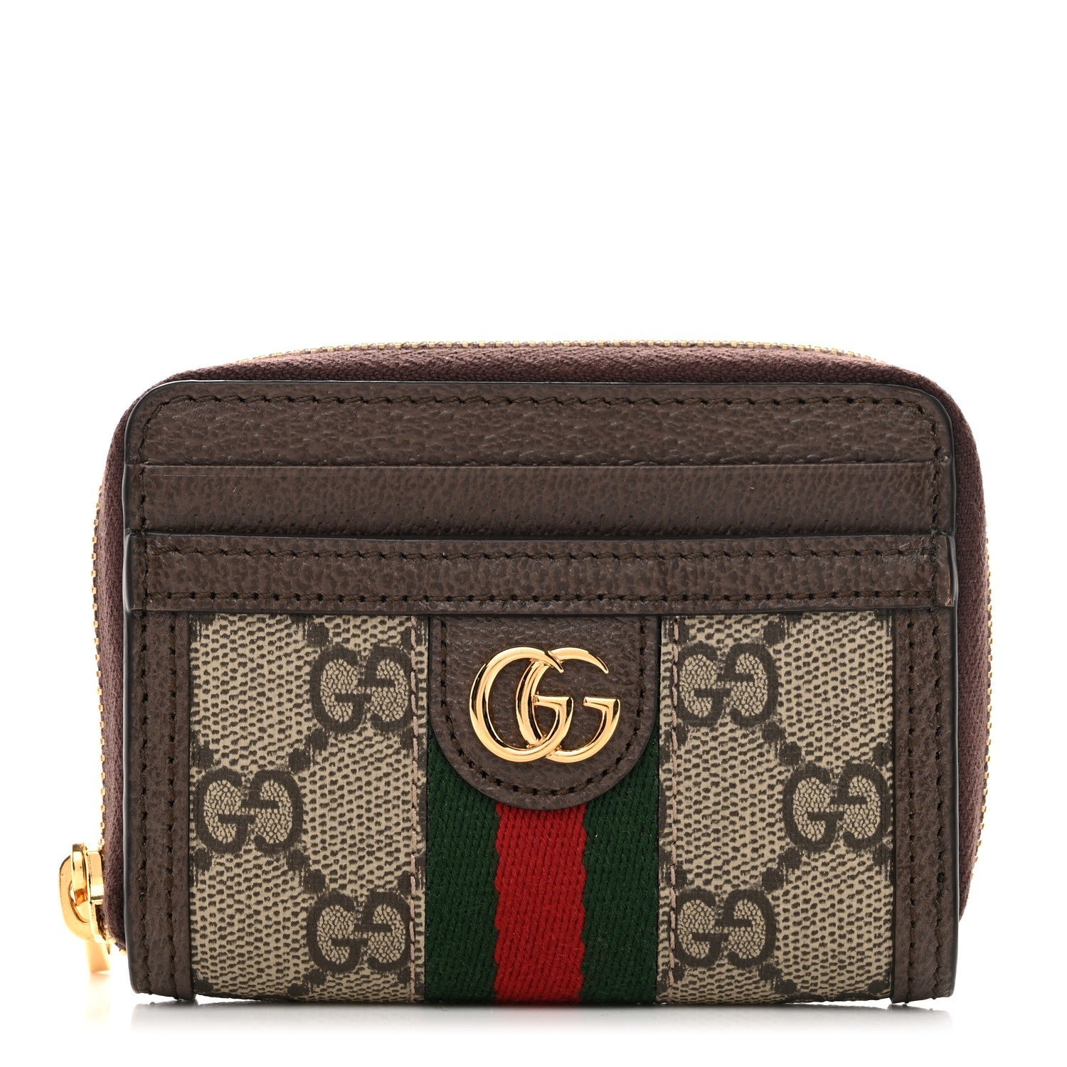 Gucci GG Supreme Monogram Textured Dollar Calfskin Web Ophidia Zip Around Card Case Wallet Beige Ebony New Acero