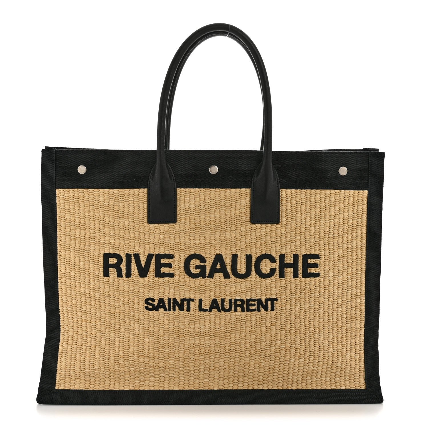 Saint Laurent Raffia Linen Calfskin Rive Gauche Tote Naturale Black