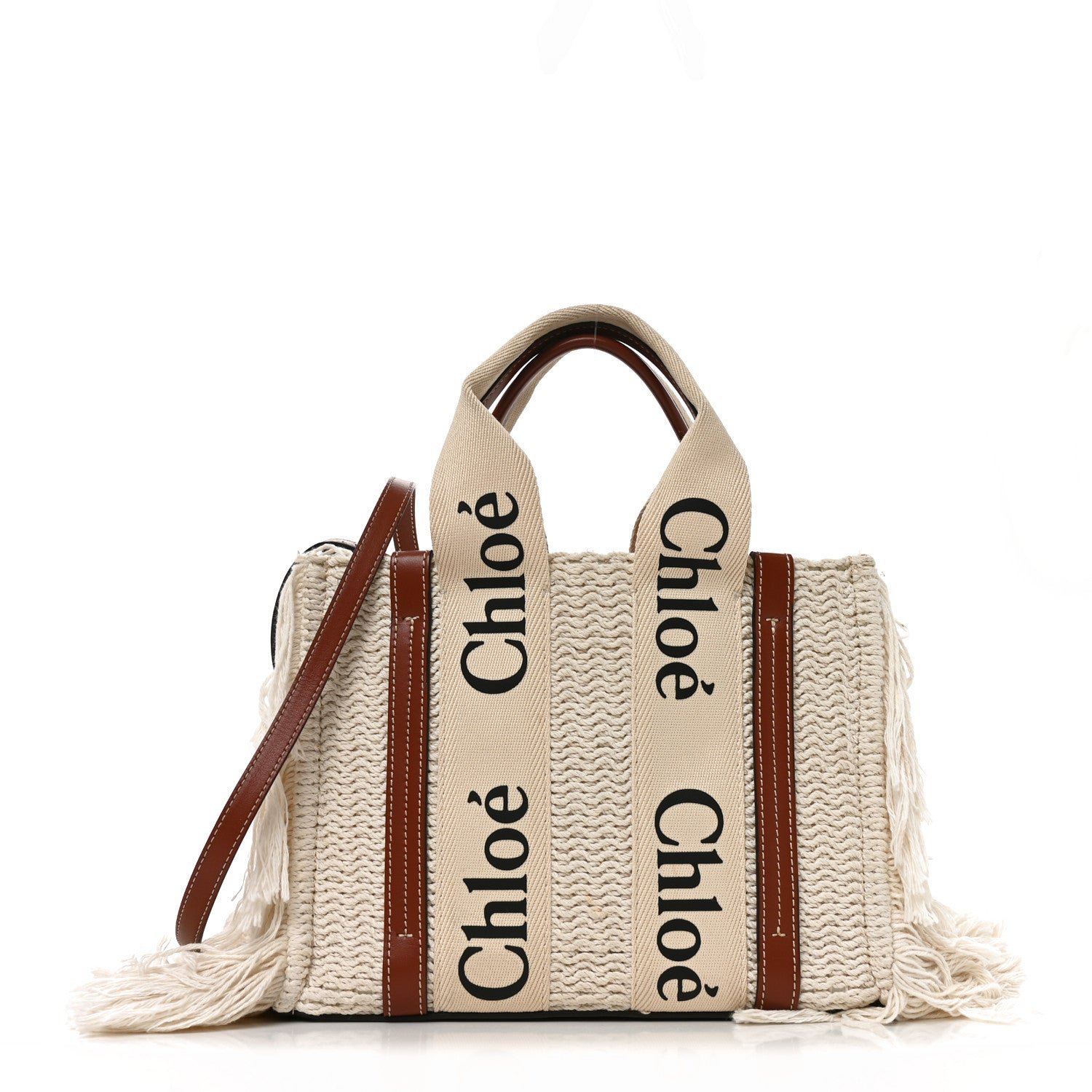 Chloe Cotton Calfskin Small Woody Ribbon Fringe Tote White Brown