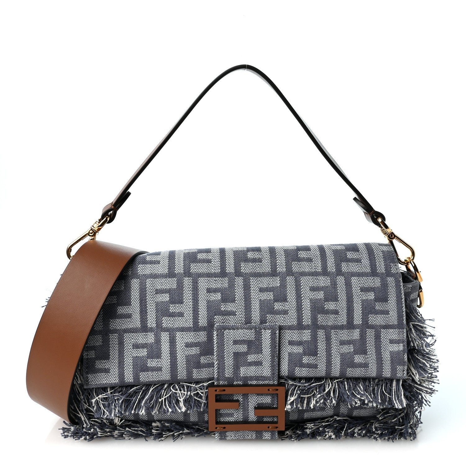Fendi Denim Vitello King Fringe FF Embroidered Baguette Denim Myrtle Dark Nut
