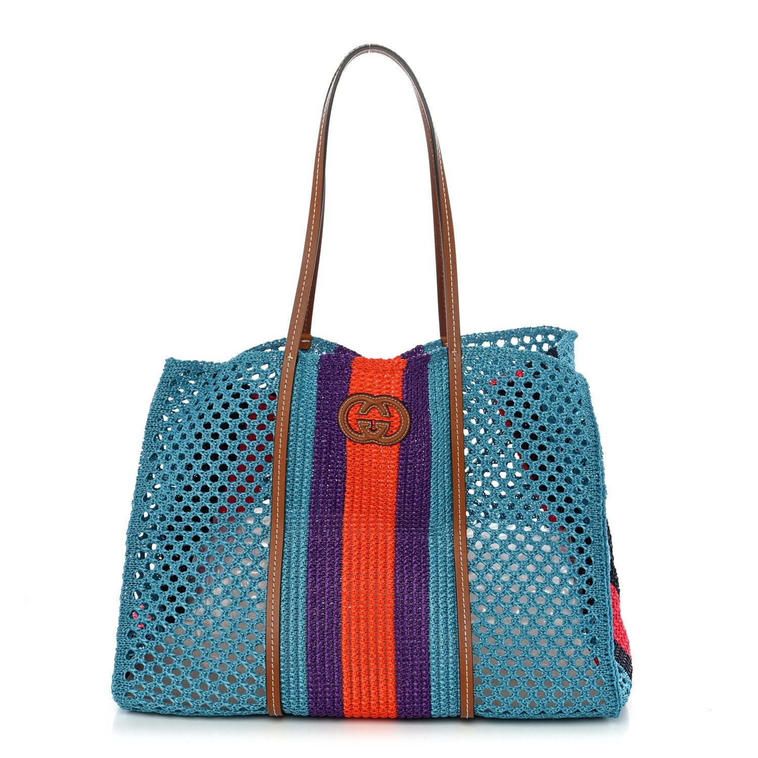 Gucci Raffia Web Woven Interlocking G Tote Blue Multicolor