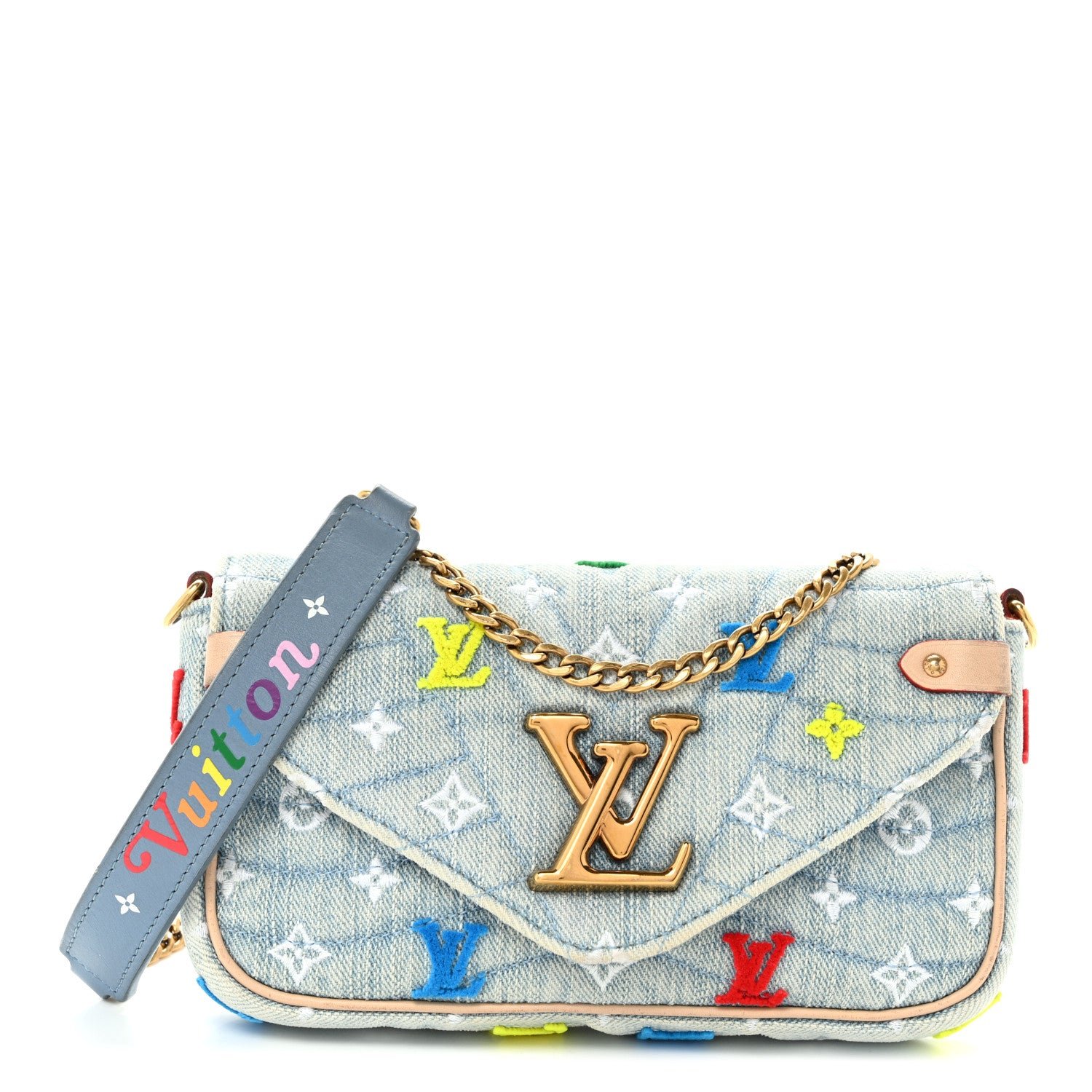 Louis Vuitton Embroidered Monogram Denim New Wave Chain Pochette Blue
