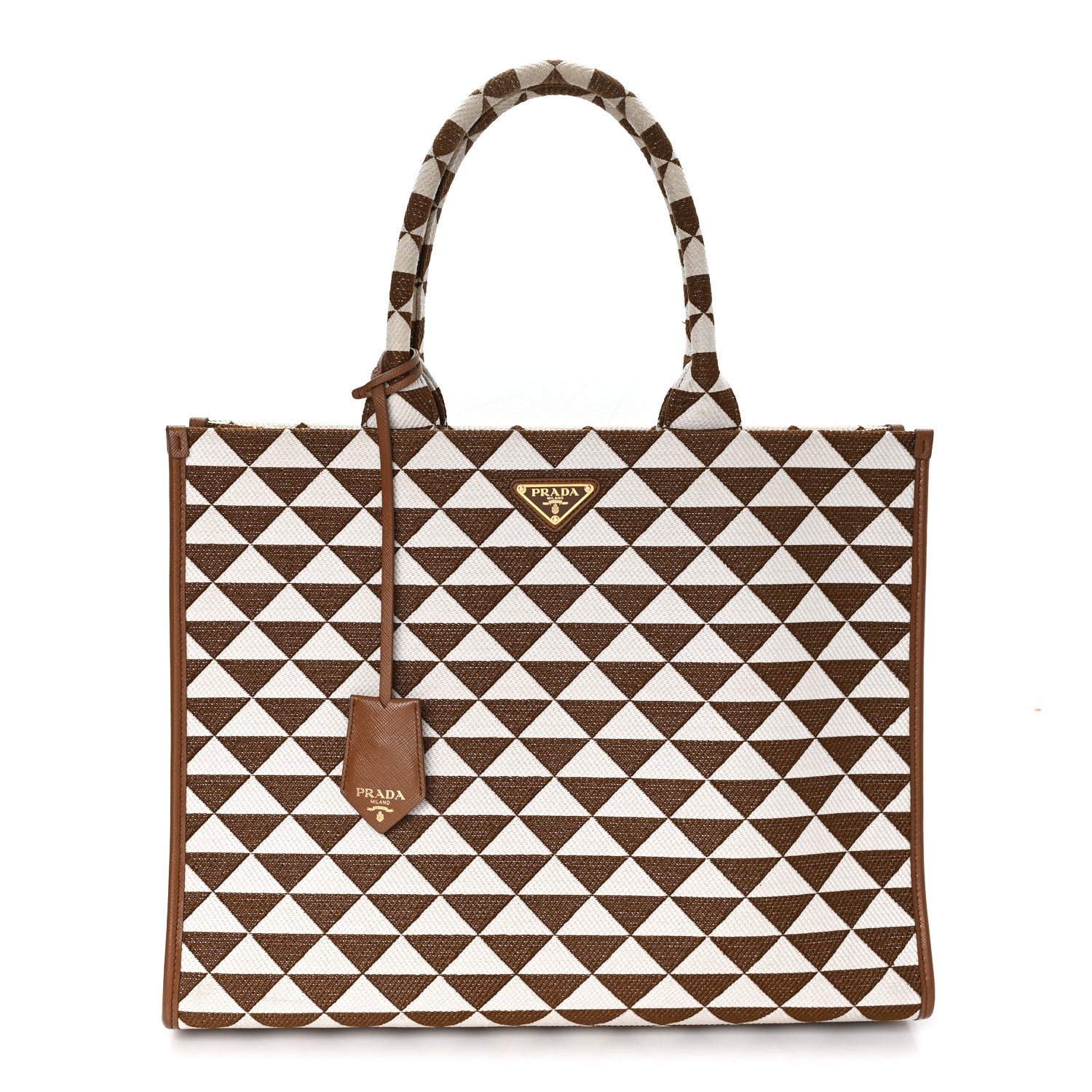 Prada Jacquard Saffiano Triangolo Symbole Embroidered Large Tote Tobacco Talco