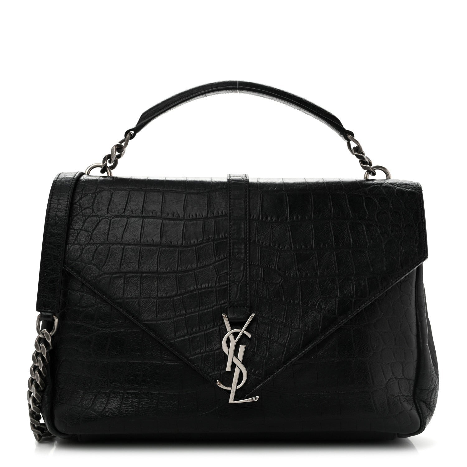 Saint Laurent Calfskin Crocodile Embossed Monogram Large College Satchel Black