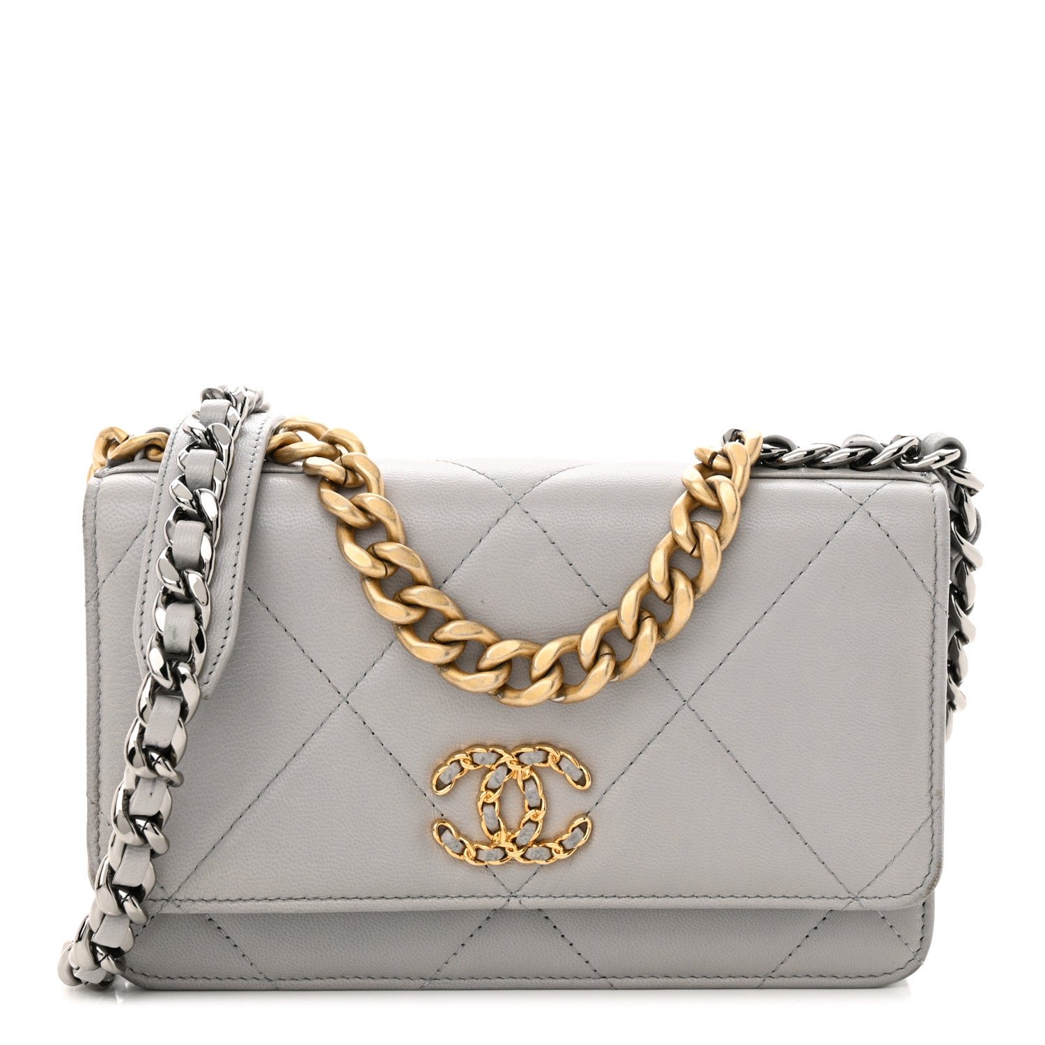Chanel Lambskin Quilted Chanel 19 Wallet On Chain WOC Grey