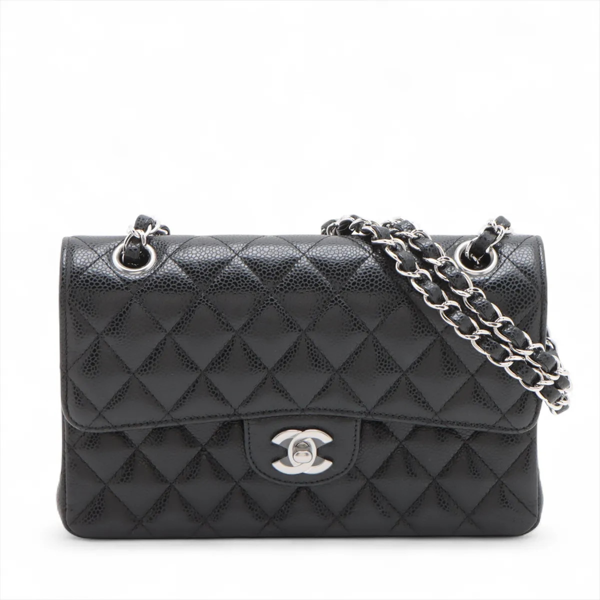 Chanel Matelasse 23 Small Caviar Skin Double Flap Double Chain Bag Black Silver