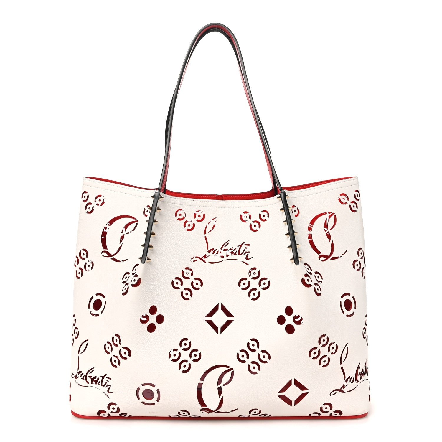Christian Louboutin Calfskin Loubinthesky Large Perforated Cabarock Spikes Tote Snow