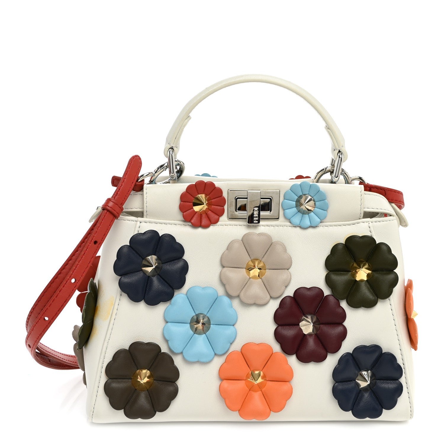 Fendi Nappa Flowerland Mini Peekaboo Iconic Satchel White Ice Multicolor
