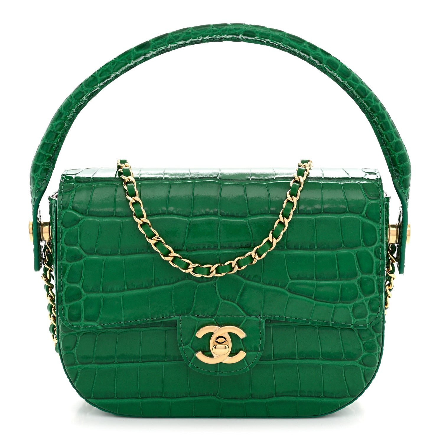 Chanel Calfskin Crocodile Embossed Turn Around Mini Flap Emerald
