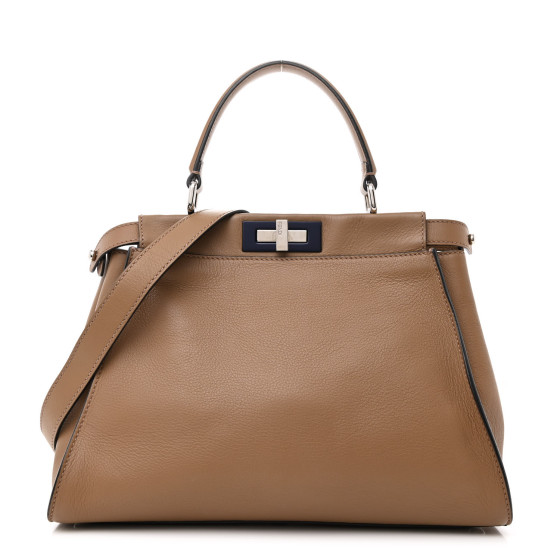 Fendi Vitello Seta Shiny Nappa Medium Peekaboo Iconic Satchel Cuoio Ardesia