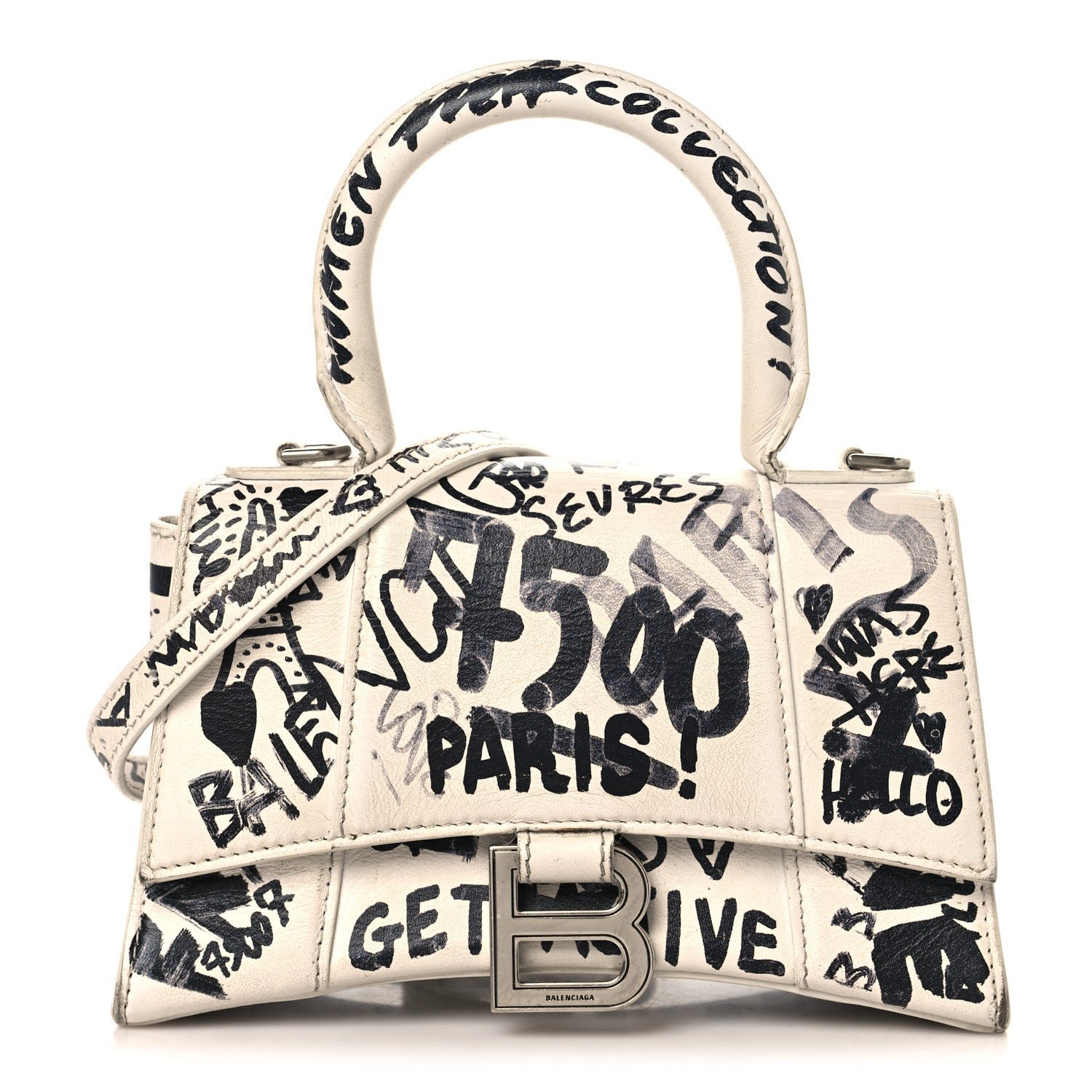 Balenciaga Smooth Calfskin Graffiti Hourglass Top Handle Bag XS White Black