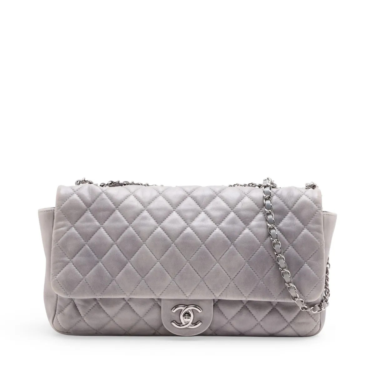 Chanel Matelasse Leather Single Flap Double Chain Bag Gray Silver Metal Fittings