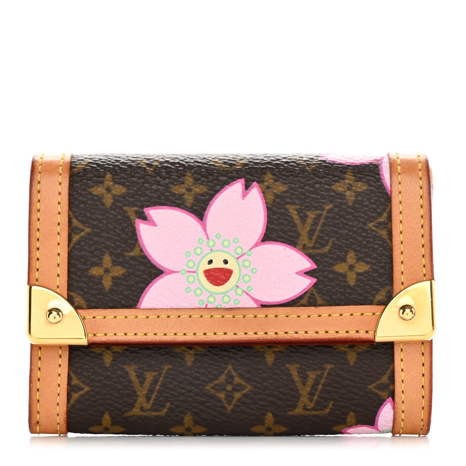 Louis Vuitton Monogram Cherry Blossom Porte-Monnaie Plat Coin Purse Brown