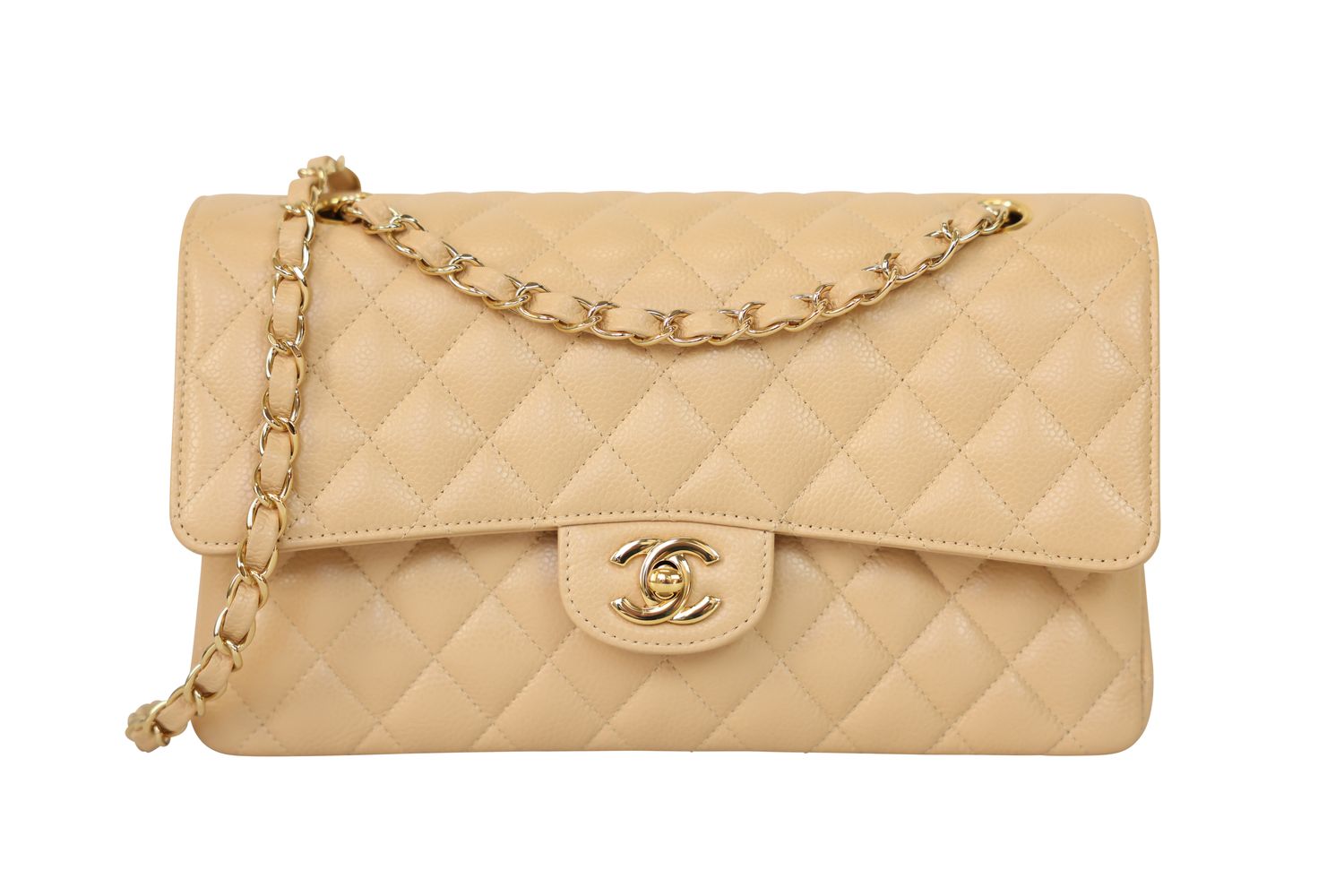 Chanel Classic Medium Handbag, Beige Quilted Caviar and Gold Hardware, Preowned No Dustbag WA001
