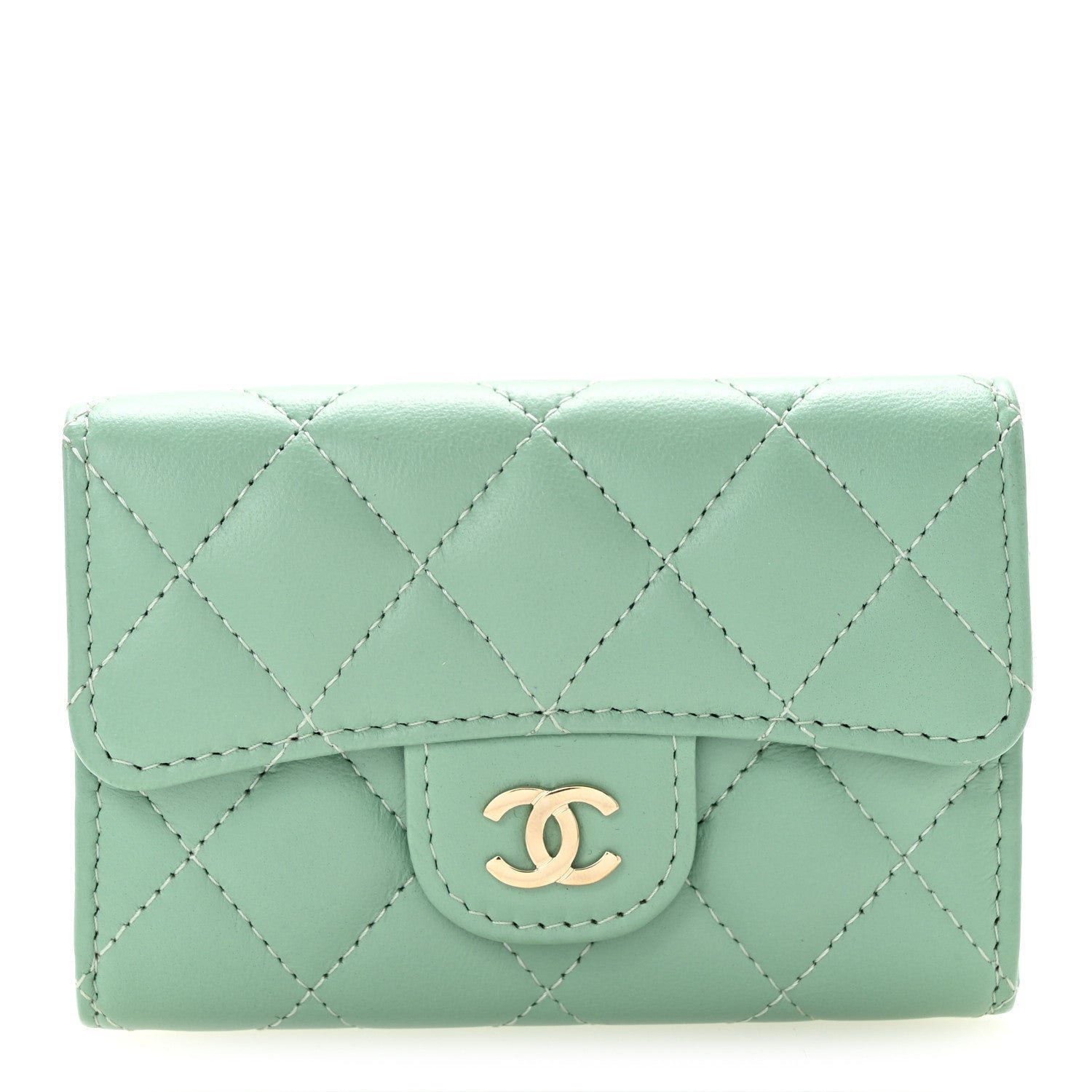 Chanel Lambskin Quilted Flap Card Holder Wallet Green