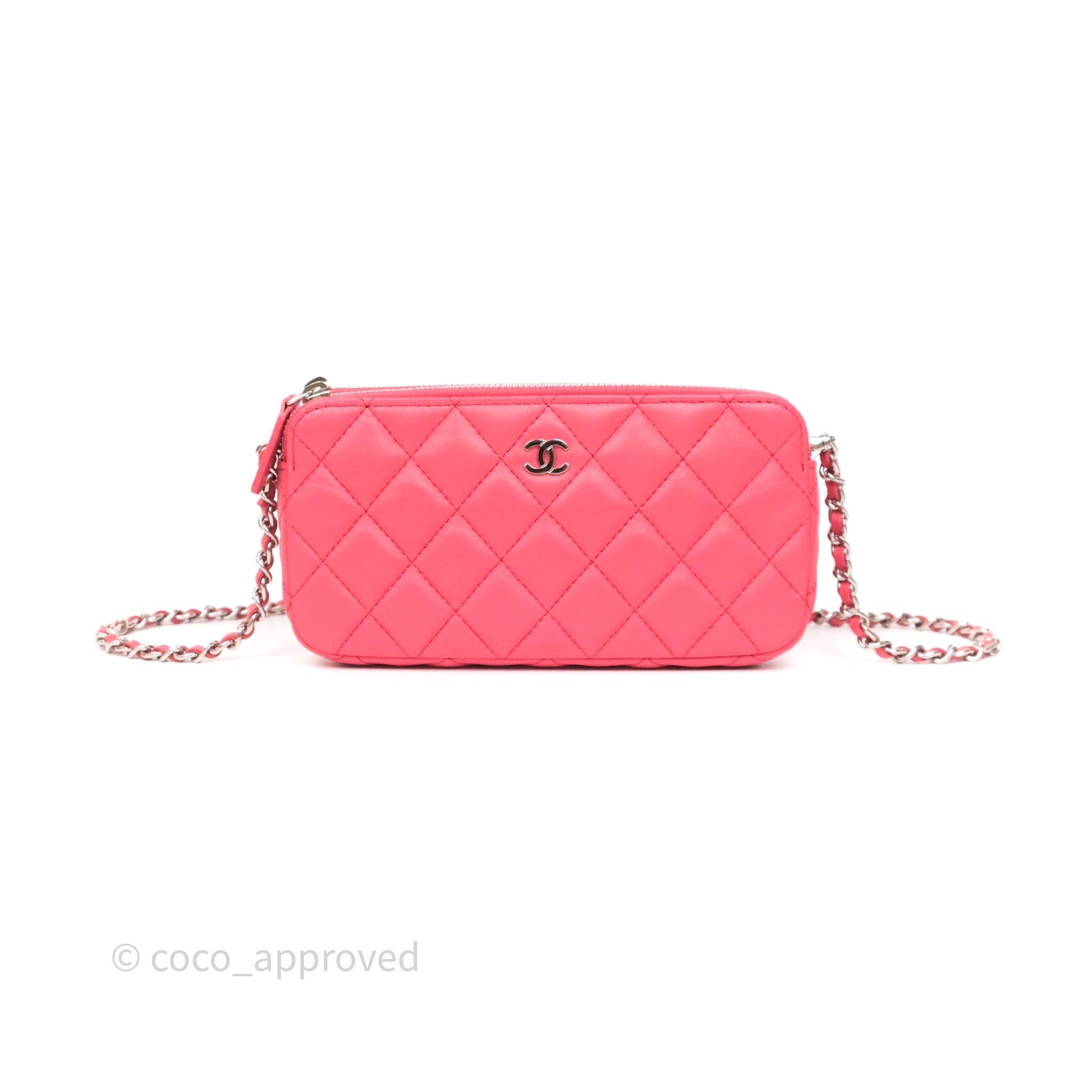 Chanel Double Zip Clutch On Chain Dark Pink Lambskin Silver Hardware