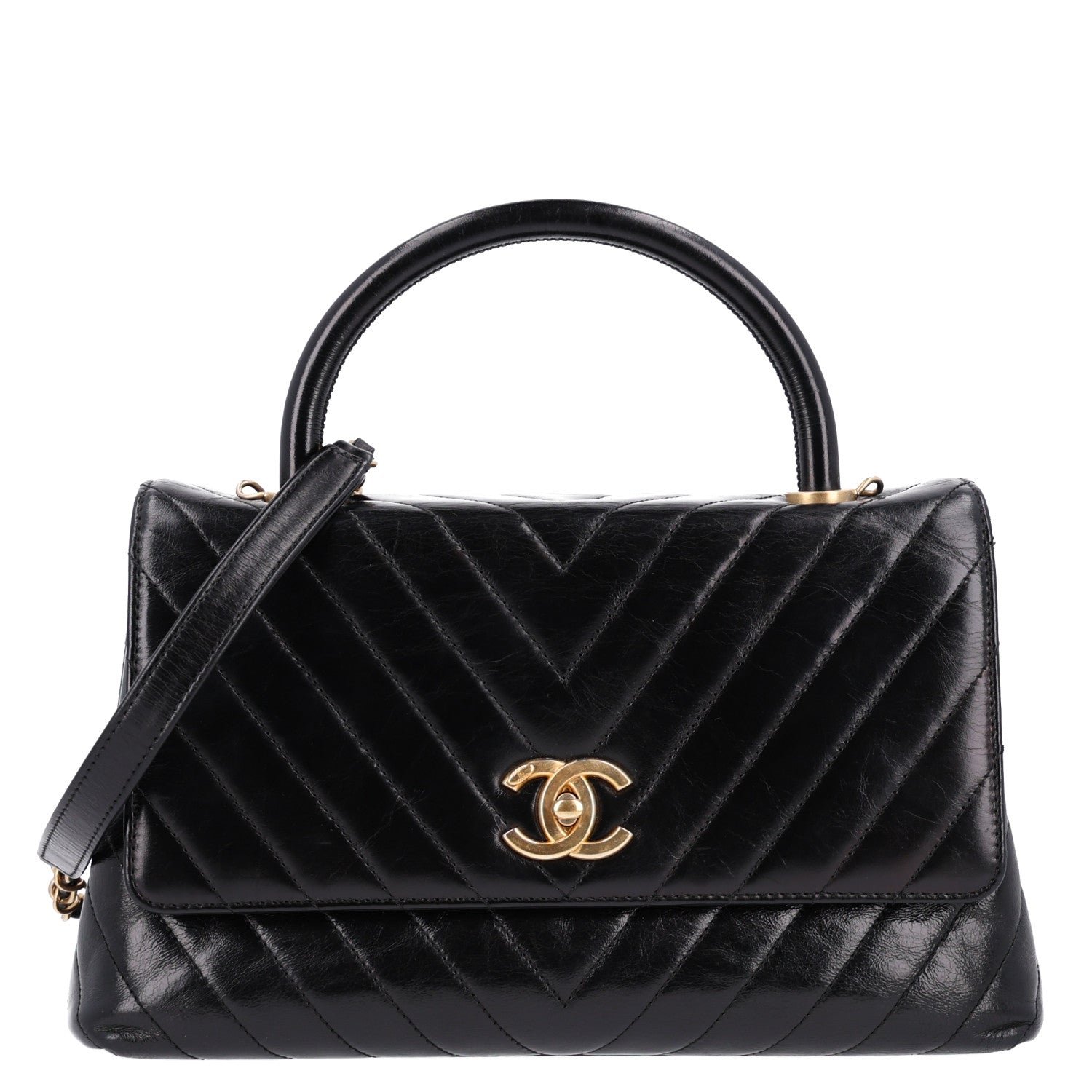 Chanel Aged Calfskin Chevron Quilted Small Coco Handle Flap Black