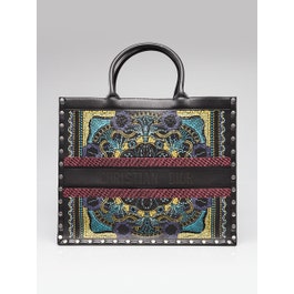 Dior Christian Dior Black/Multicolor Leather Embroidered Studded Book Tote Bag