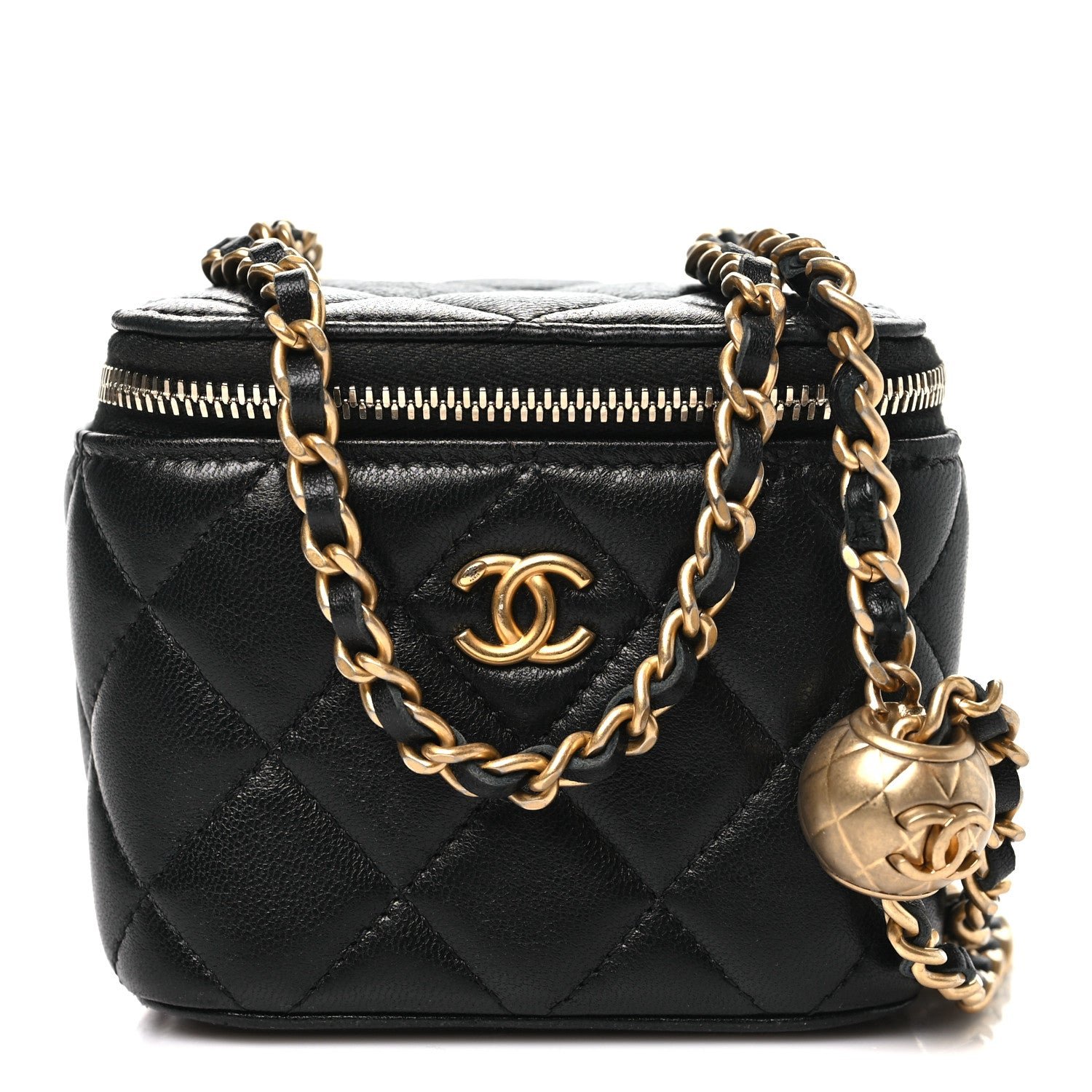 Chanel Lambskin Quilted Mini Pearl Crush Vanity Case With Chain Black