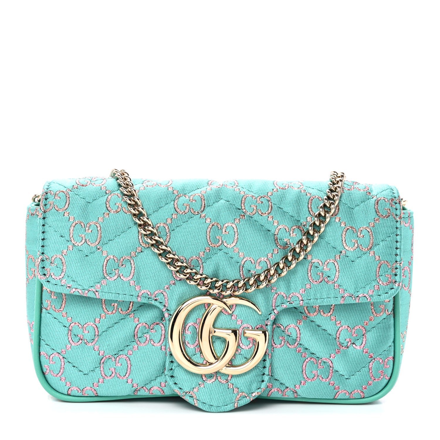 Gucci Canvas Lame GG Monogram Super Mini GG Marmont Shoulder Bag Turquoise Multicolor