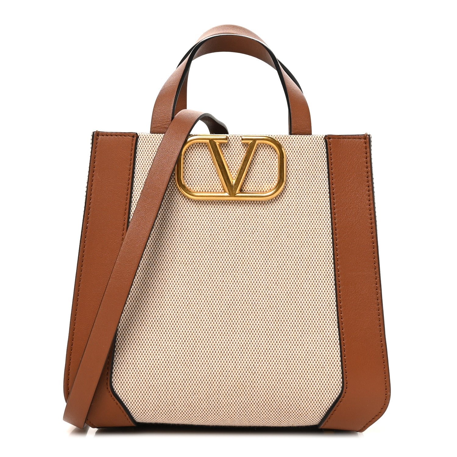 Valentino Garavani Canvas Calfskin Small Vlogo Signature Handbag Beige Selleria