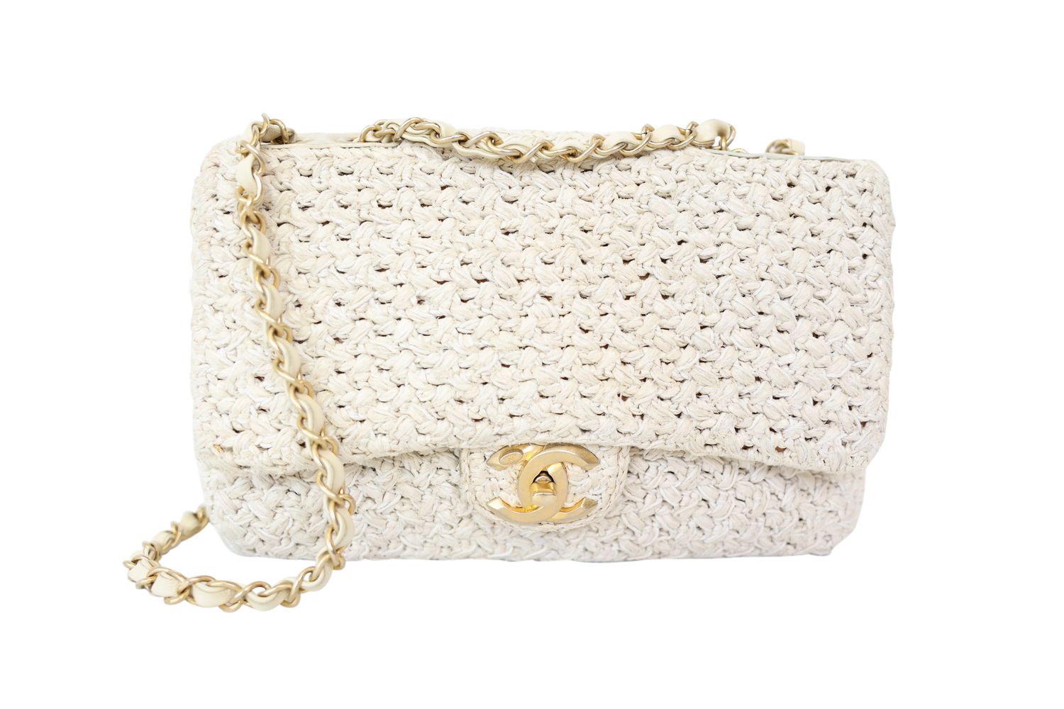 Chanel Vintage Woven Flap, Ivory with Gold Hardware, Preowned in Dustbag WA001