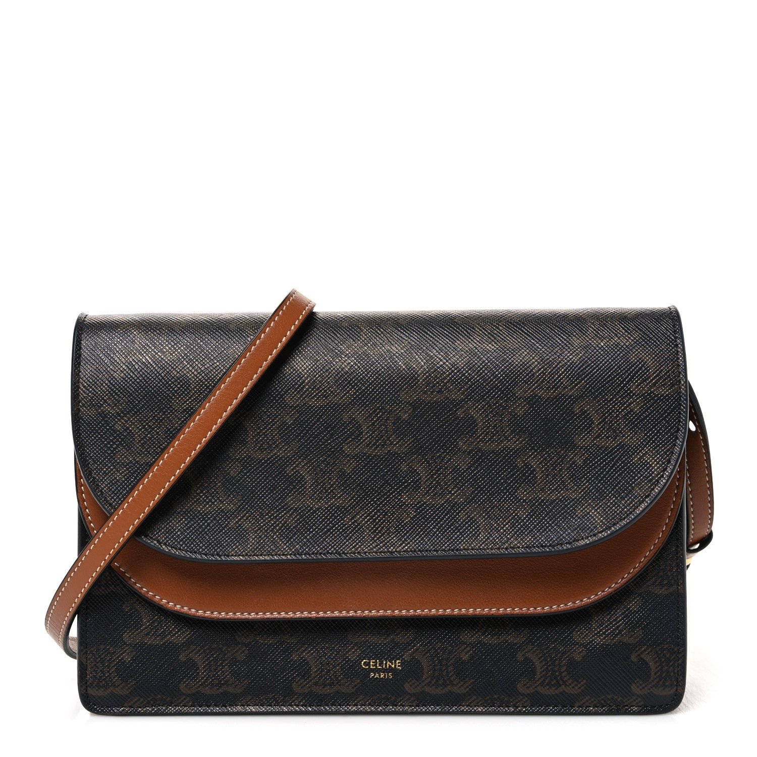 Celine Triomphe Canvas Lambskin Wallet On Strap Tan Tan