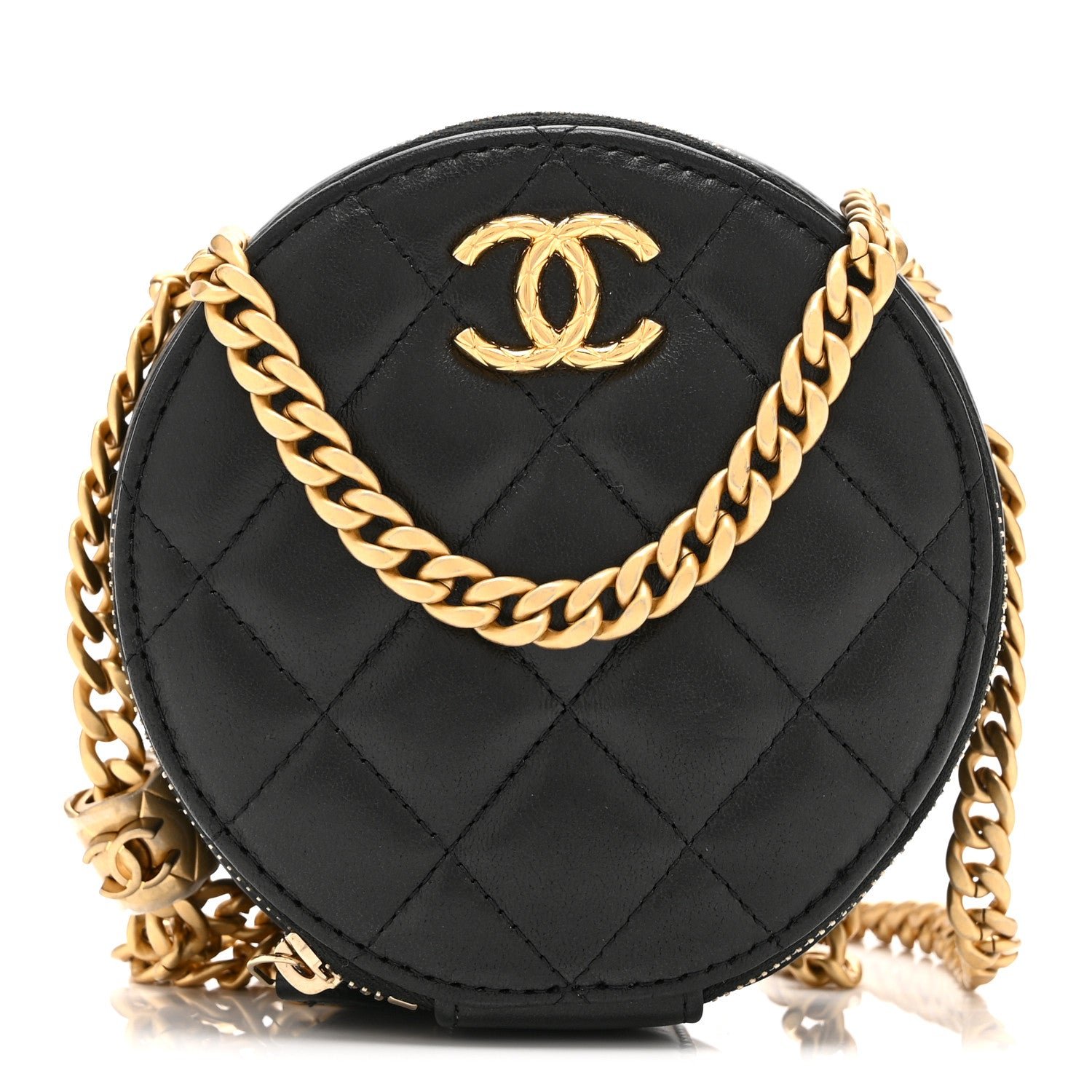 Chanel Lambskin Quilted Pillow Crush Round Clutch With Chain Black