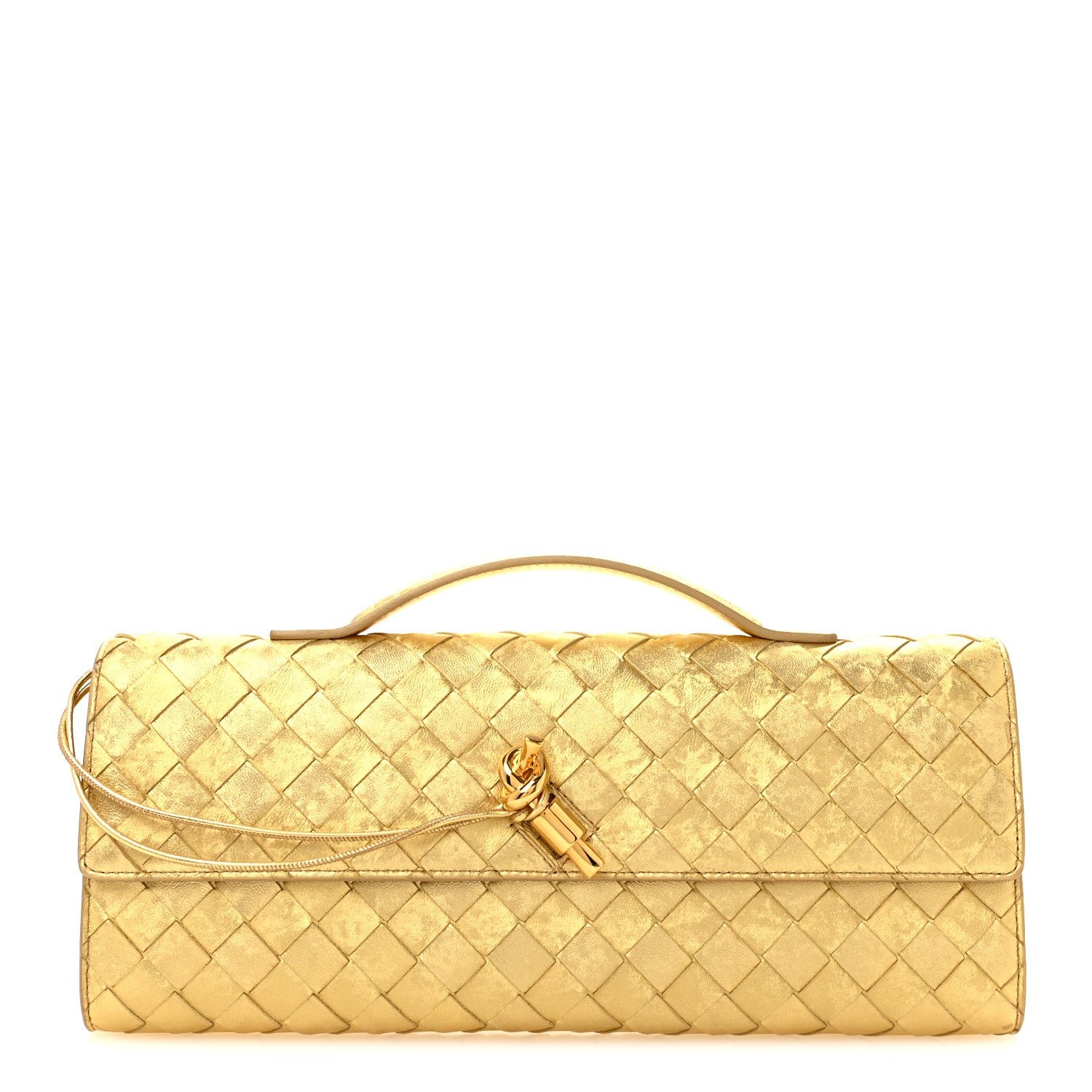Bottega Veneta Metallic Satin Lambskin Intrecciato Long Andiamo Top Handle Clutch Gold