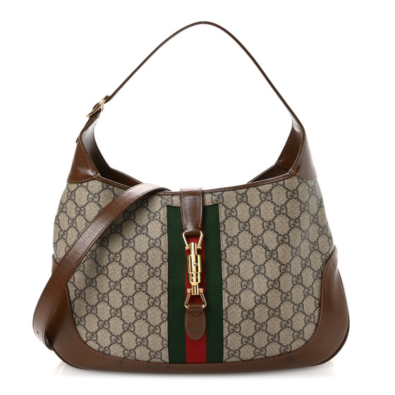 Gucci GG Supreme Monogram Azalea Calfskin Web Medium Jackie 1961 Hobo Beige Ebony Brown Sugar