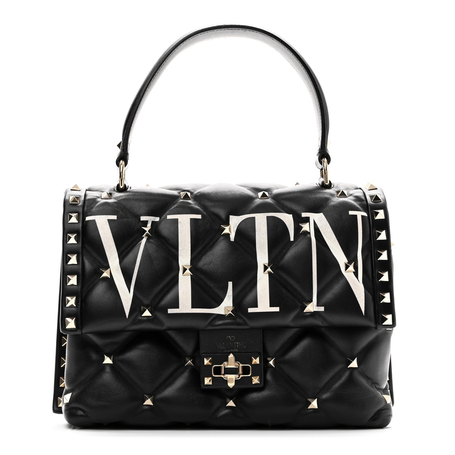 Valentino Garavani Lambskin VLTN Print Candystud Top Handle Bag Black
