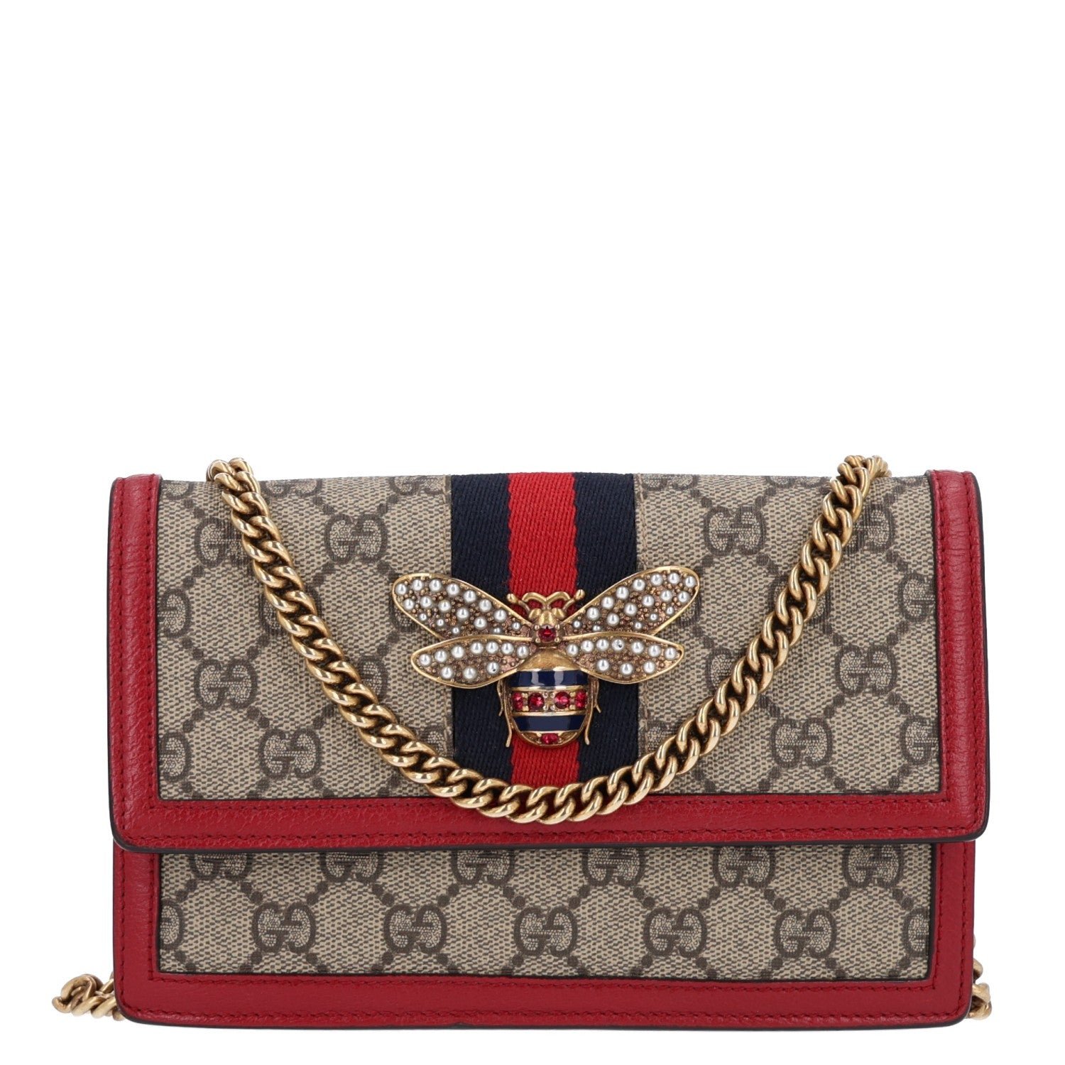 Gucci GG Supreme Monogram Web Queen Margaret Chain Wallet Red