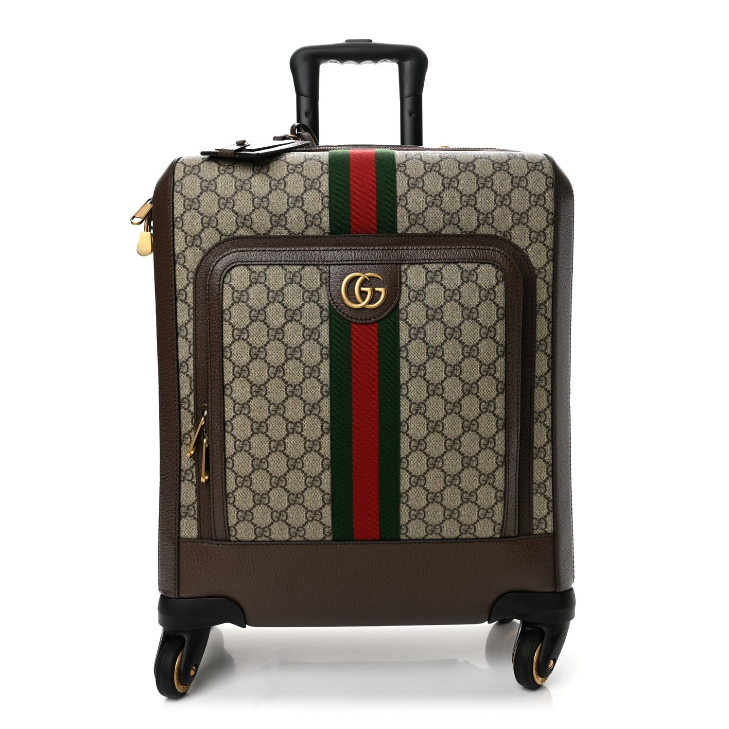 Gucci GG Supreme Monogram Textured Dollar Calfskin Web Ophidia Small Savoy Cabin Trolley Beige Ebony Brown Sugar