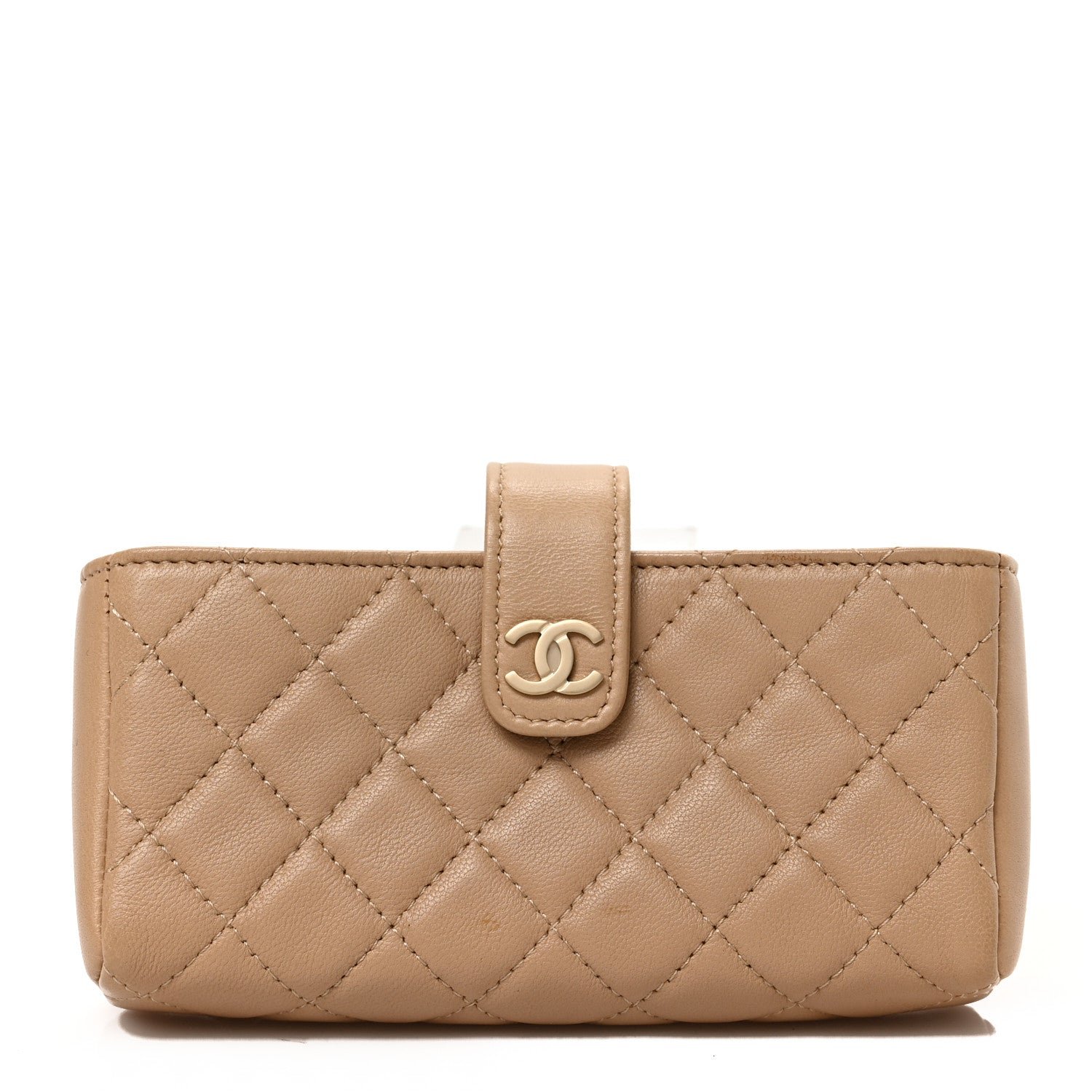 Chanel Lambskin Quilted Mini Phone Holder Clutch Beige