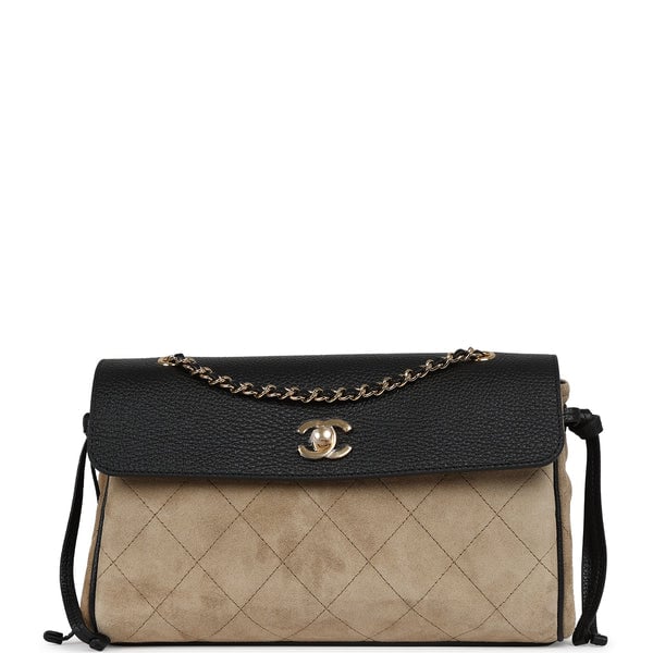 Chanel "Urban Essential" Flap Bag Dark Beige Suede, Black Calfskin Gold Hardware