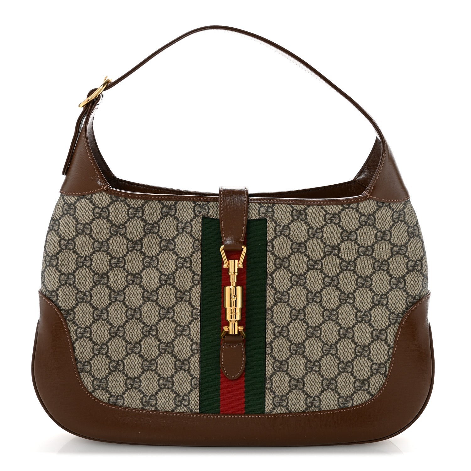 Gucci GG Supreme Monogram Azalea Calfskin Web Medium Jackie 1961 Hobo Beige Ebony Brown Sugar