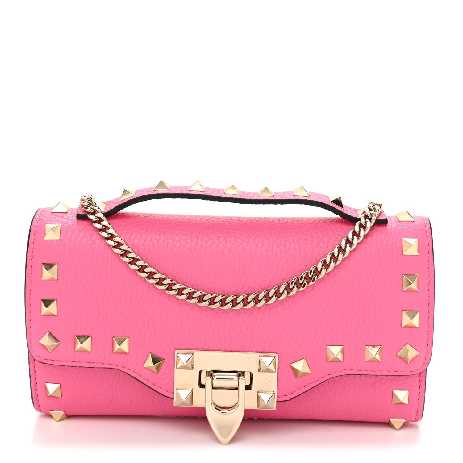 Valentino Garavani Pebbled Calfskin Rockstud Flip Lock Wallet On Chain Feminine Pink