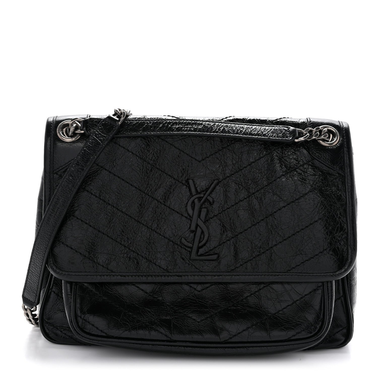 Saint Laurent Saint Laurent Crinkled Calfskin Matelasse Monogram Medium Niki Chain Satchel Black