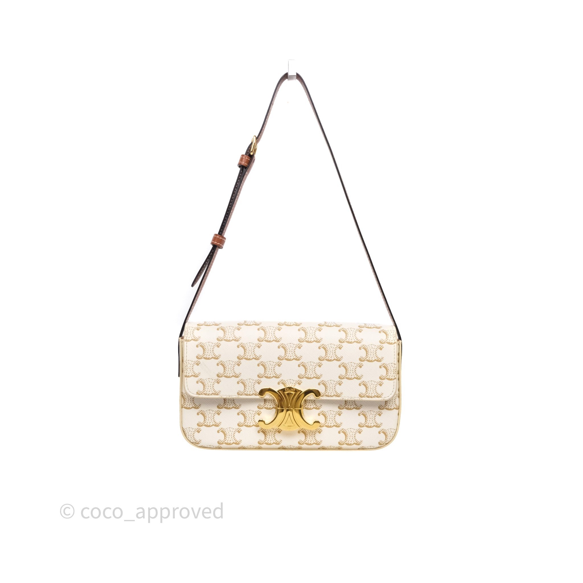Celine Triomphe Shoulder Bag White Calfskin Triomphe Canvas