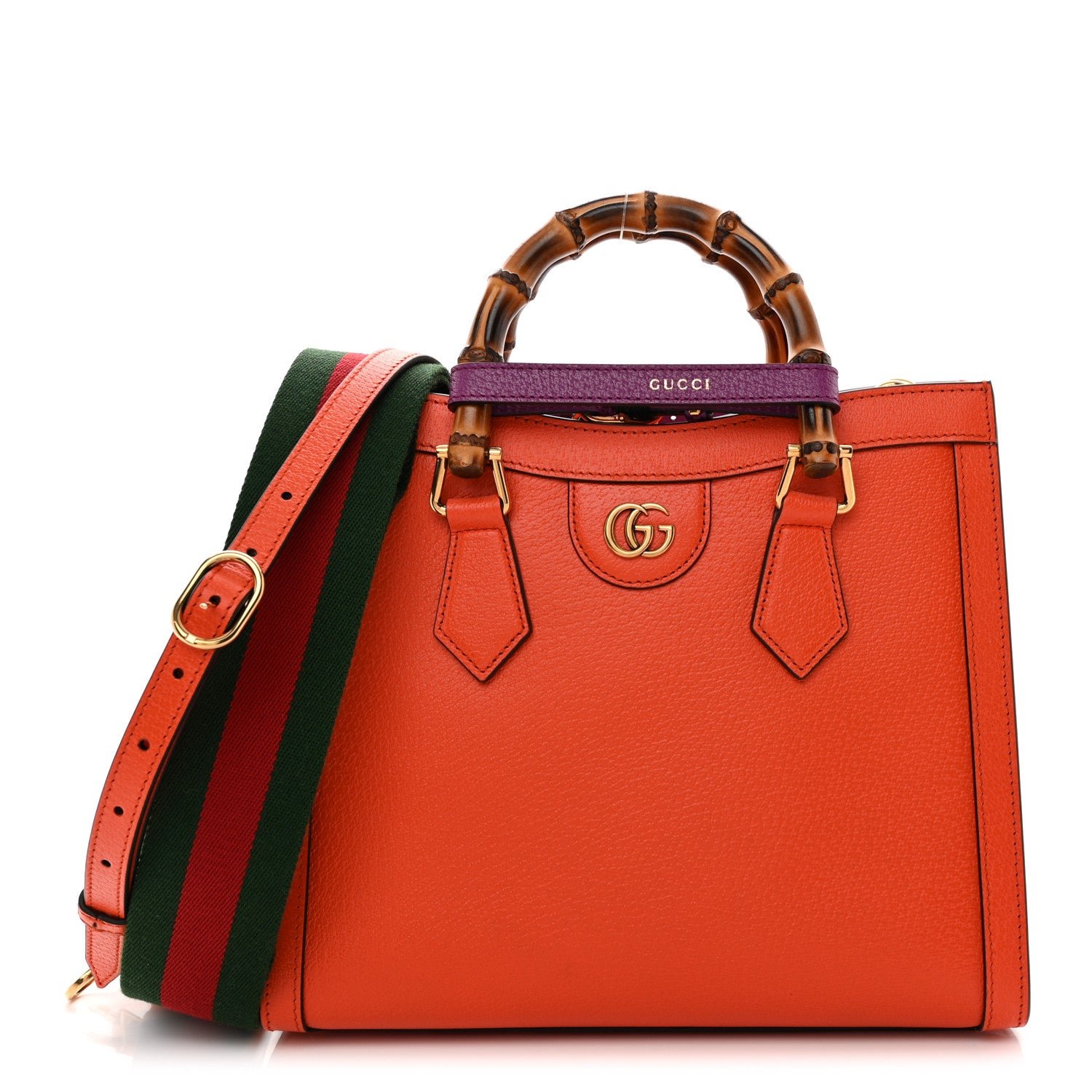 Gucci Textured Dollar Calfskin Web Small Diana Tote Bag Deep Orange Spicy Cyclamin