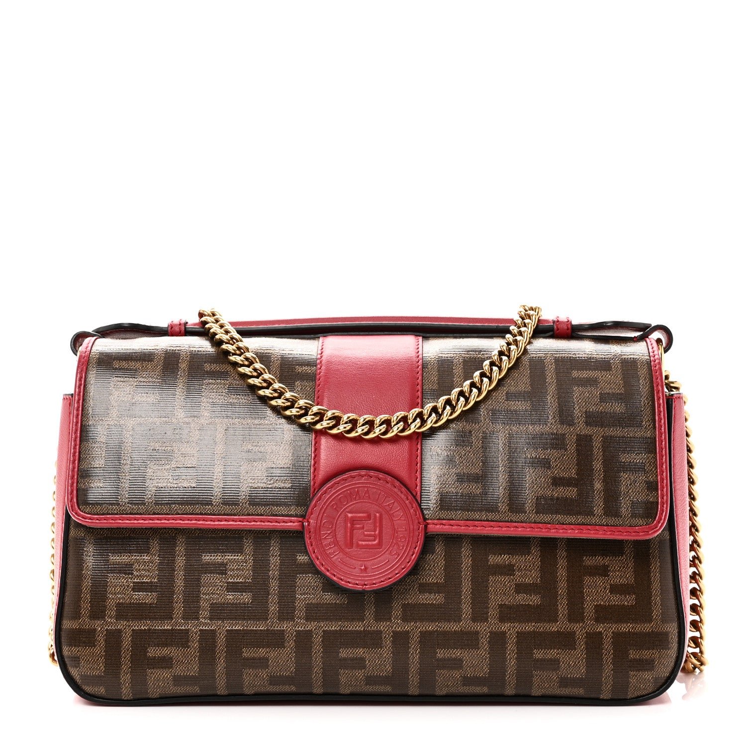 Fendi Vitello Grace Glazed Fabric FF 1974 Double F Shoulder Bag Fragola Mogano Panna