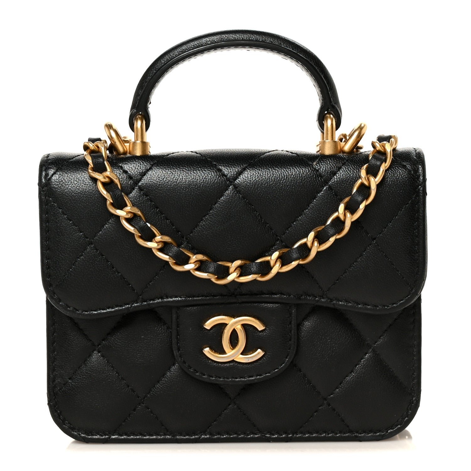 Chanel Lambskin Quilted Top Handle Flap Coin Purse With Chain Black
