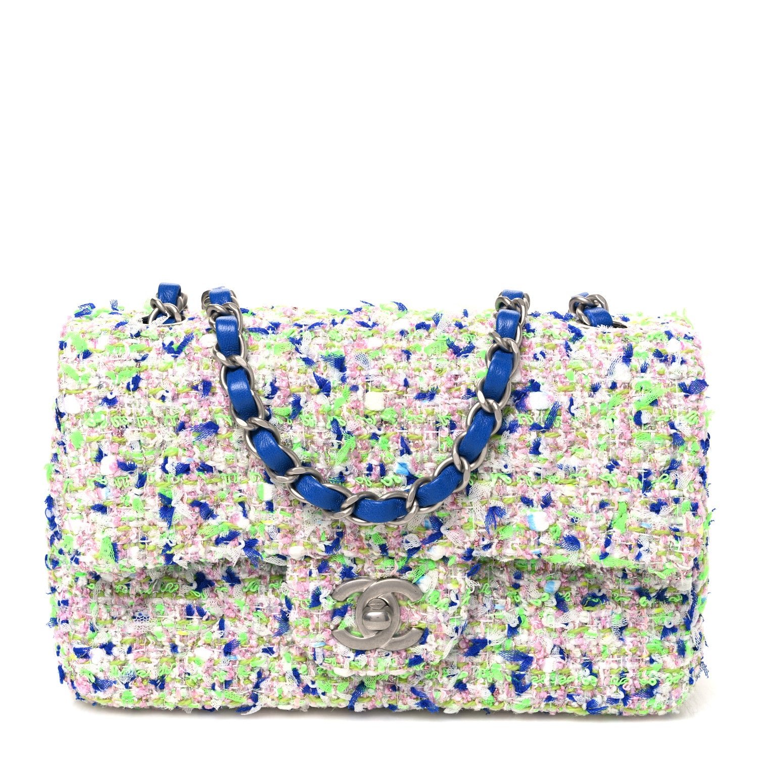 Chanel Tweed Quilted Mini Rectangular Flap White Blue Green