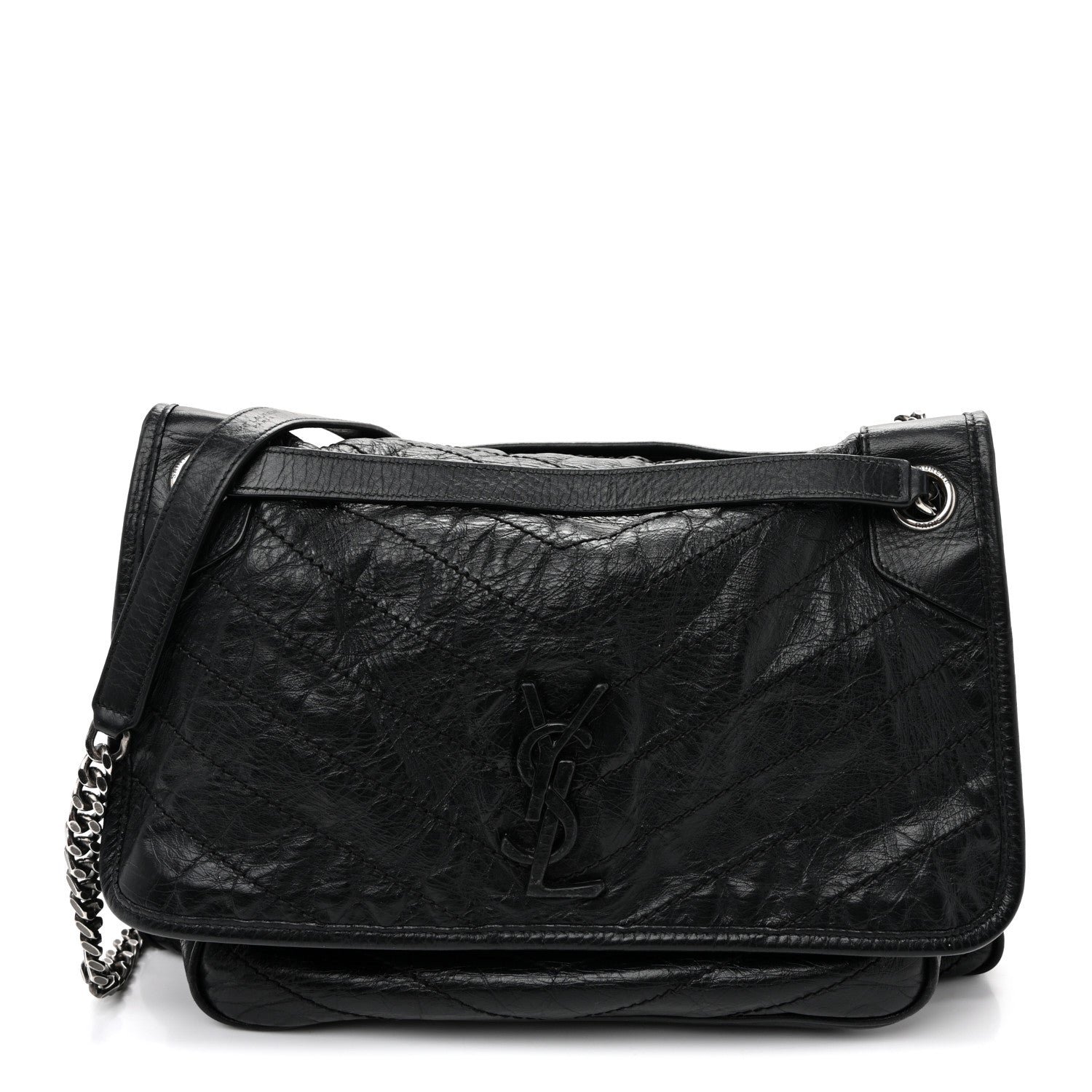 Saint Laurent Crinkled Calfskin Matelasse Monogram Large Niki Chain Satchel Black